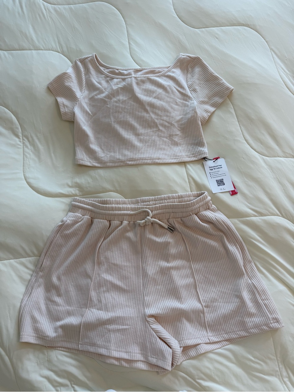 Cider Ribbed Short Sleeve Crop Top and Drawstring Shorts Set - Cream